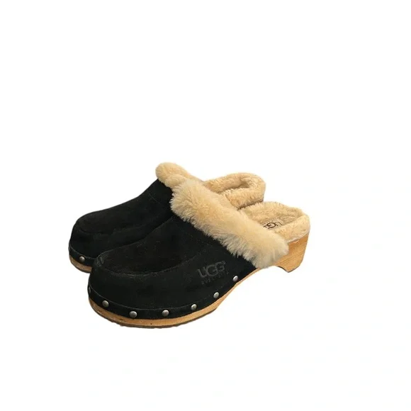 UGG Australia Women's Kalie Brown Suede Shearling Wooden Clogs Mules Shoes Sz 6 - Picture 4 of 13